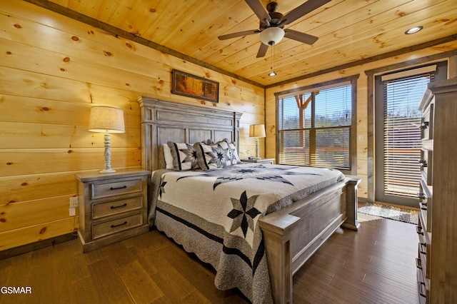 bedroom featuring dark wood-style floors, access to outside, wood ceiling, and wooden walls