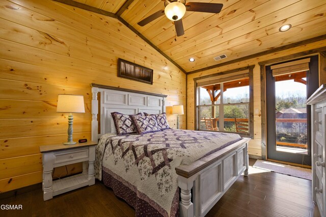 bedroom featuring access to exterior, lofted ceiling, dark wood-type flooring, wood ceiling, and wood walls