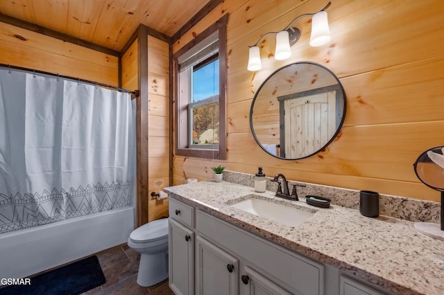 bathroom featuring shower / tub combo, wood ceiling, wood walls, and toilet