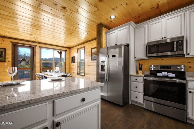 kitchen with white cabinets, wooden ceiling, wooden walls, and stainless steel appliances