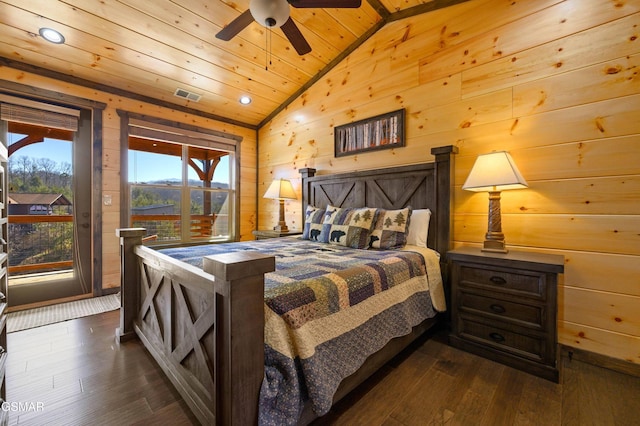 bedroom with dark wood-style flooring, visible vents, wood ceiling, vaulted ceiling, and access to outside