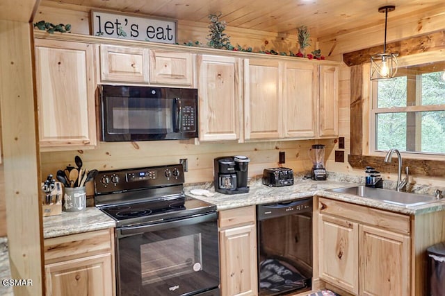 kitchen with light brown cabinetry, sink, wood ceiling, pendant lighting, and black appliances