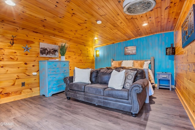 3501 Ginseng Way, Pigeon Forge, TN 37862 - bedroom featuring wood finished floors, wooden ceiling, wooden walls, and recessed lighting