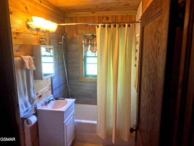 3451 Cosby Hwy, Cosby, TN 37722 - bathroom with wood ceiling, wooden walls, vanity, and shower / bath combo with shower curtain