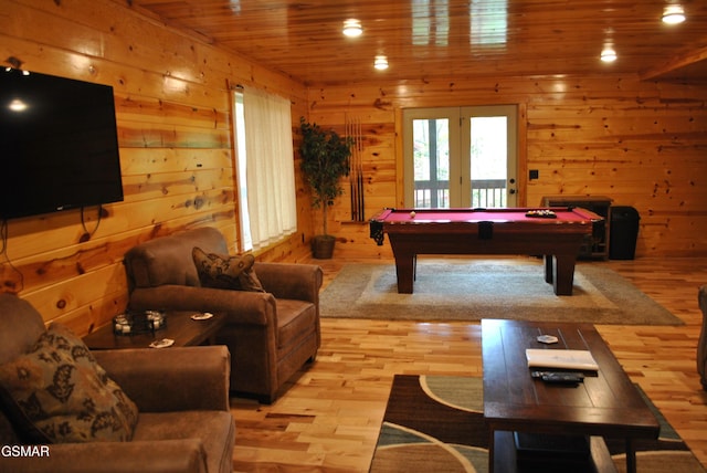 recreation room with recessed lighting, light wood finished floors, wooden walls, pool table, and wood ceiling