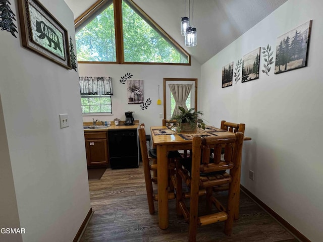 dining room featuring baseboards, dark wood-style floors, and high vaulted ceiling