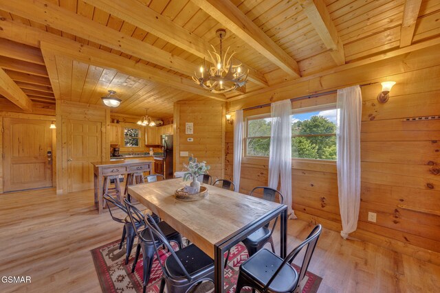 1619 Jed Trl, Sevierville, TN 37862 - dining space featuring a chandelier, wood ceiling with exposed beams, wood walls, and light wood-style flooring