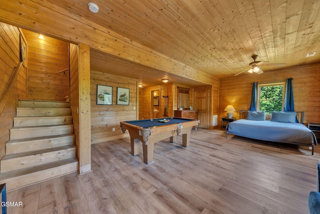 1619 Jed Trl, Sevierville, TN 37862 - recreation room featuring wood ceiling, billiards table, wooden walls, a ceiling fan, and light wood-type flooring