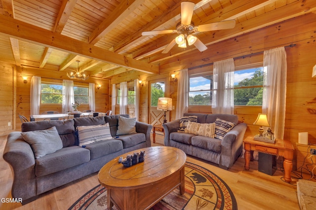 1619 Jed Trl, Sevierville, TN 37862 - living room with wooden walls, wood finished floors, a chandelier, wooden ceiling with exposed beams, and a ceiling fan