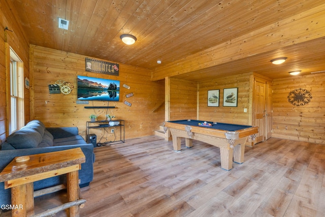 1619 Jed Trl, Sevierville, TN 37862 - rec room featuring wood ceiling, billiards, light wood-type flooring, and wooden walls
