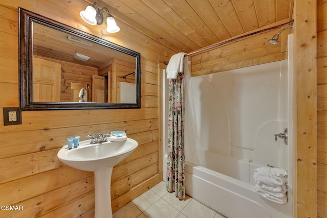 1619 Jed Trl, Sevierville, TN 37862 - full bath with tile patterned floors, wooden ceiling, wood walls, and shower / tub combo with curtain