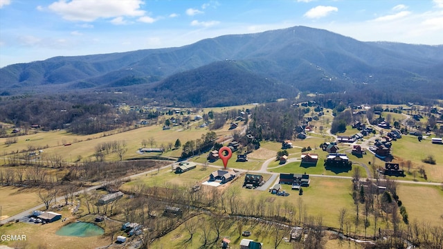 birds eye view of property with a mountain view and a rural view