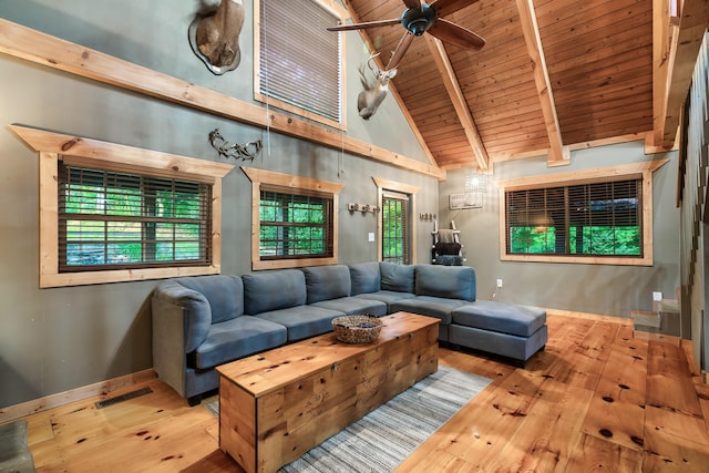 living area featuring beam ceiling, wood ceiling, visible vents, and hardwood / wood-style floors