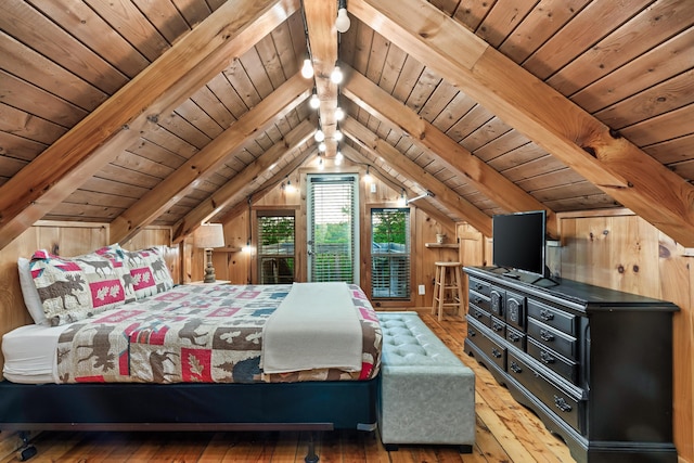 bedroom with wooden ceiling, wood walls, lofted ceiling with beams, and hardwood / wood-style floors