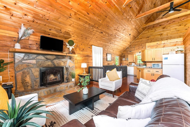 3186 Emerald Springs Loop, Pigeon Forge, TN 37862 - living room with high vaulted ceiling, wood walls, wooden ceiling, a ceiling fan, and a stone fireplace