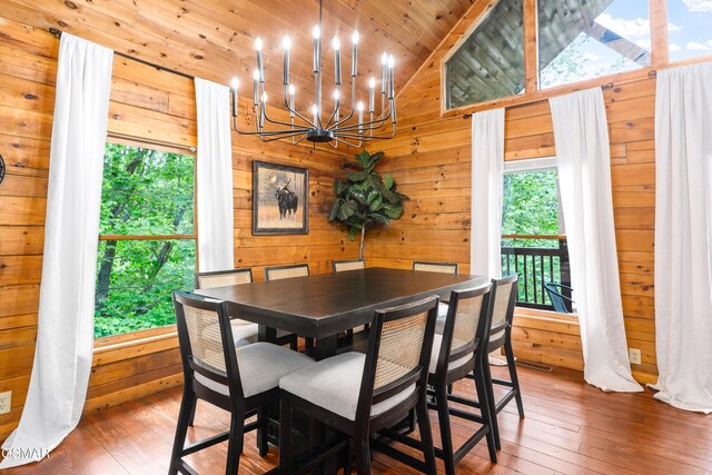 3186 Emerald Springs Loop, Pigeon Forge, TN 37862 - dining room with vaulted ceiling, a chandelier, healthy amount of natural light, hardwood / wood-style flooring, and wooden walls