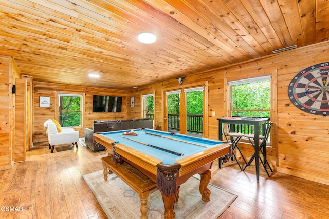 3186 Emerald Springs Loop, Pigeon Forge, TN 37862 - recreation room with pool table, wood ceiling, plenty of natural light, wood-type flooring, and wood walls