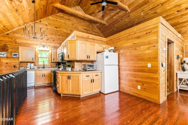 3186 Emerald Springs Loop, Pigeon Forge, TN 37862 - kitchen featuring white appliances, wooden ceiling with exposed beams, light brown cabinetry, wooden walls, and dark wood finished floors