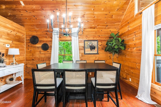 3186 Emerald Springs Loop, Pigeon Forge, TN 37862 - dining space featuring a chandelier, wood-type flooring, wood walls, and lofted ceiling