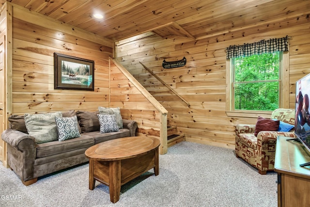 3828 Saddle Brook Way, Sevierville, TN 37862 - living area with wooden walls, carpet, wood ceiling, and recessed lighting