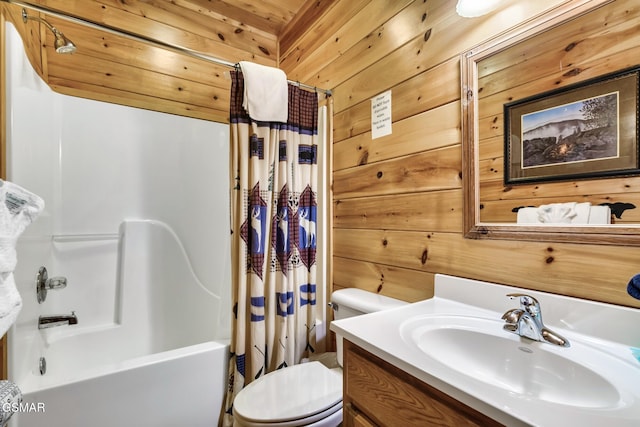 3828 Saddle Brook Way, Sevierville, TN 37862 - full bath featuring toilet, wood walls, vanity, and shower / bathtub combination with curtain