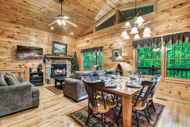 3828 Saddle Brook Way, Sevierville, TN 37862 - dining space with lofted ceiling, wood-type flooring, wood ceiling, ceiling fan with notable chandelier, and wooden walls