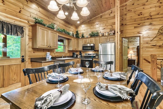 3828 Saddle Brook Way, Sevierville, TN 37862 - dining room with a chandelier, lofted ceiling, wood ceiling, and wood walls