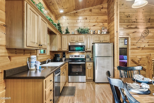 3828 Saddle Brook Way, Sevierville, TN 37862 - kitchen with a sink, wooden walls, vaulted ceiling, light wood-style floors, and stainless steel appliances