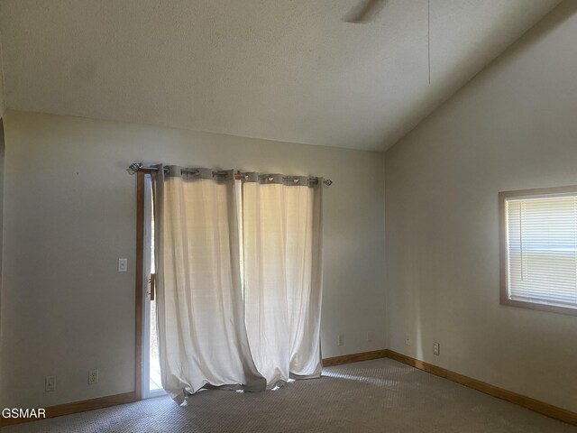 carpeted spare room featuring lofted ceiling