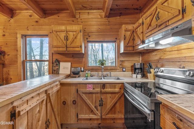 kitchen with wooden walls, under cabinet range hood, electric range, a sink, and beam ceiling