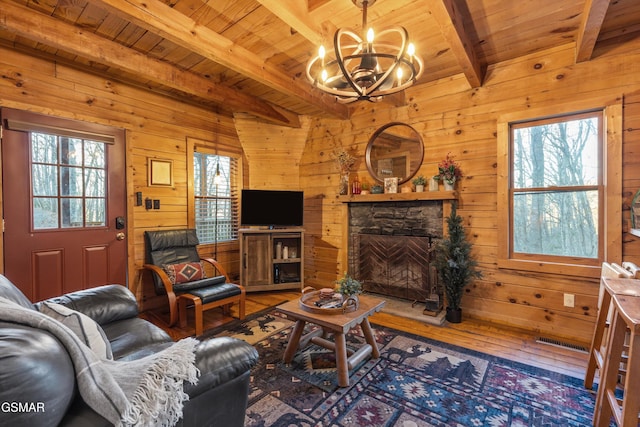 living room with wooden ceiling, visible vents, wood walls, and a stone fireplace