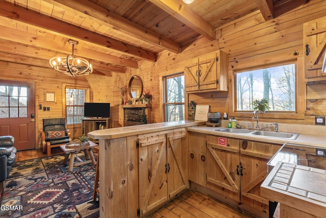 kitchen with open floor plan, wood walls, a peninsula, and beamed ceiling