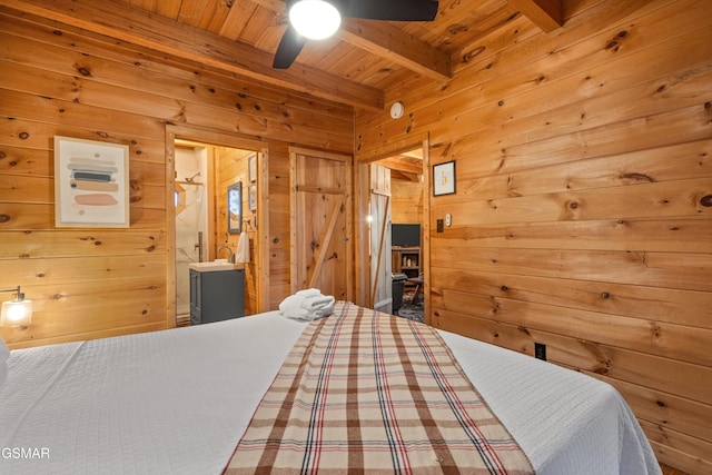 bedroom with wood ceiling, wooden walls, and beam ceiling