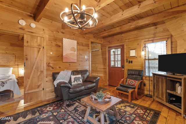 living room with wood walls, light wood-type flooring, and wood ceiling