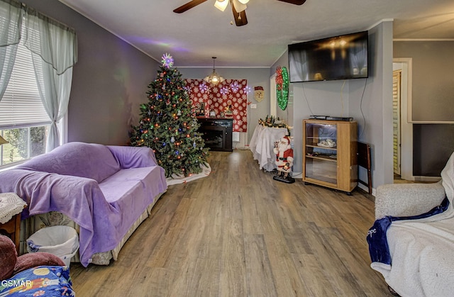 living room featuring a fireplace, ceiling fan, and hardwood / wood-style floors