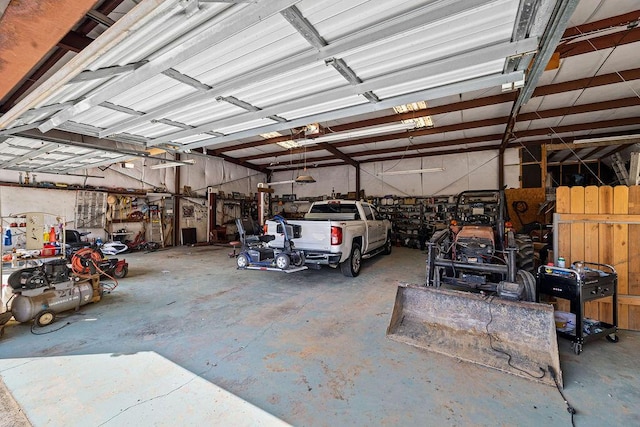 garage with a workshop area