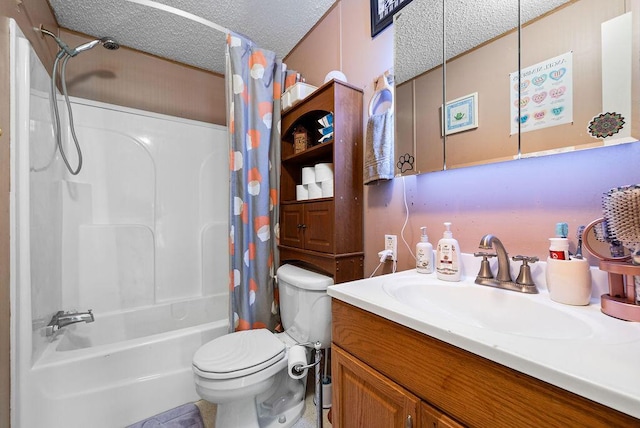 full bathroom featuring shower / bath combination with curtain, toilet, a textured ceiling, and vanity