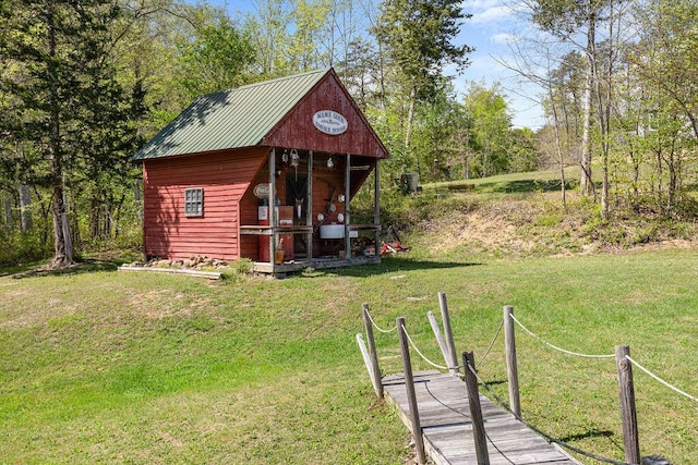 exterior space with a shed