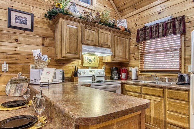 kitchen with white electric range, wood walls, lofted ceiling, and sink