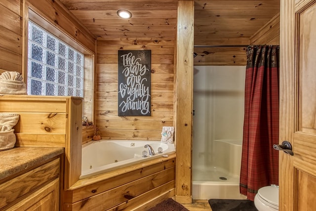 full bathroom with vanity, wood walls, wooden ceiling, toilet, and shower with separate bathtub