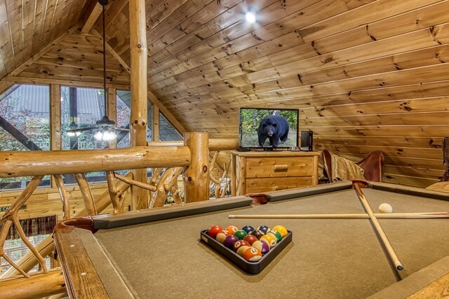 playroom with beam ceiling, high vaulted ceiling, wood ceiling, and billiards