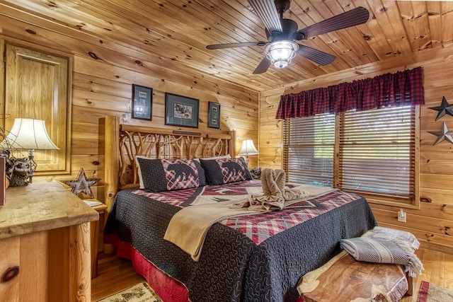 bedroom with hardwood / wood-style floors, ceiling fan, wood ceiling, and wooden walls