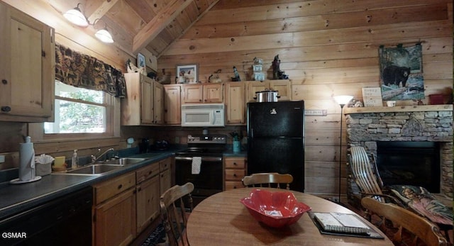 kitchen featuring sink, lofted ceiling with beams, black appliances, wooden walls, and wood ceiling