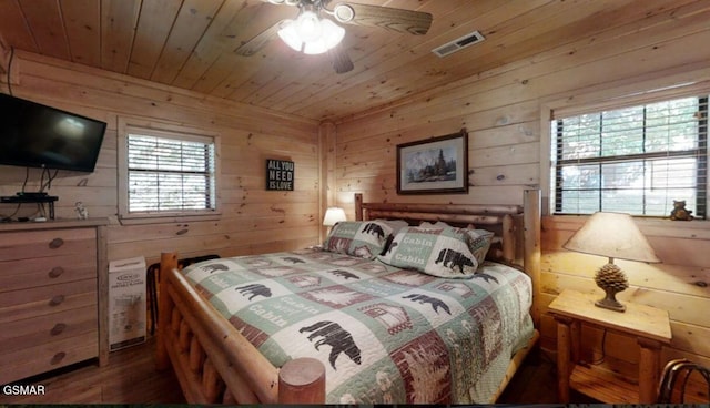 bedroom with multiple windows, wooden walls, and wood ceiling