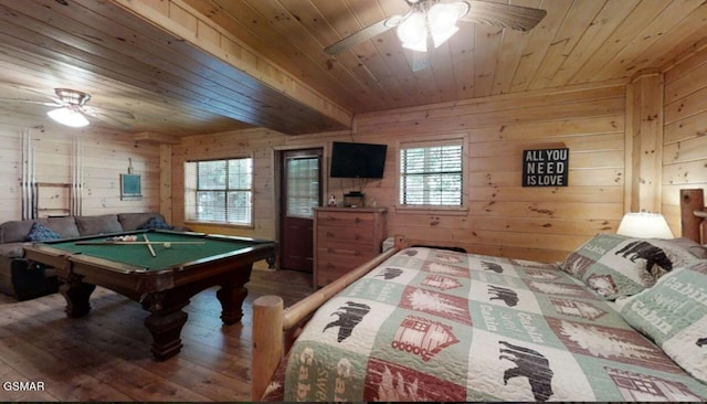 bedroom with wooden walls, ceiling fan, wooden ceiling, and pool table