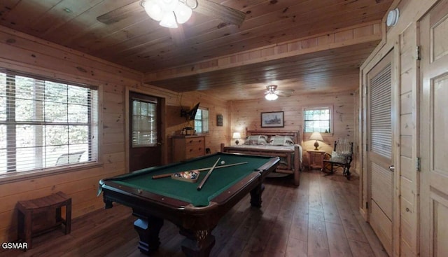 recreation room with ceiling fan, pool table, wooden ceiling, wooden walls, and hardwood / wood-style flooring