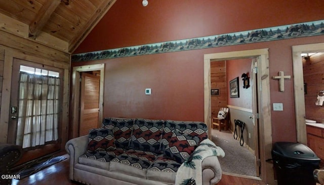 living room with vaulted ceiling with beams, wooden ceiling, and wood-type flooring