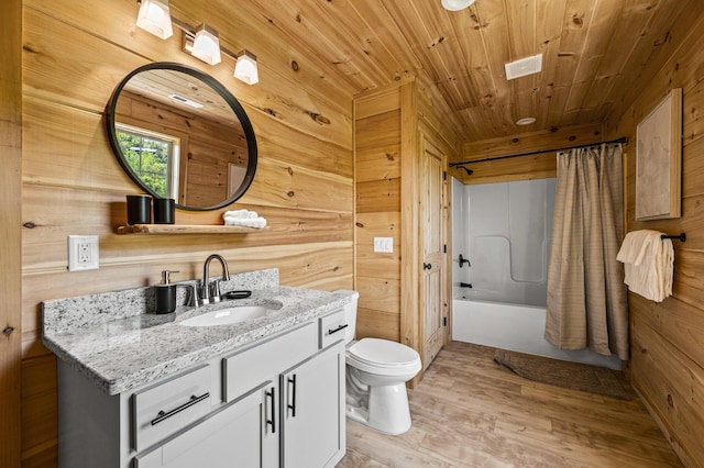 full bathroom with toilet, wooden walls, shower / tub combo with curtain, and wooden ceiling