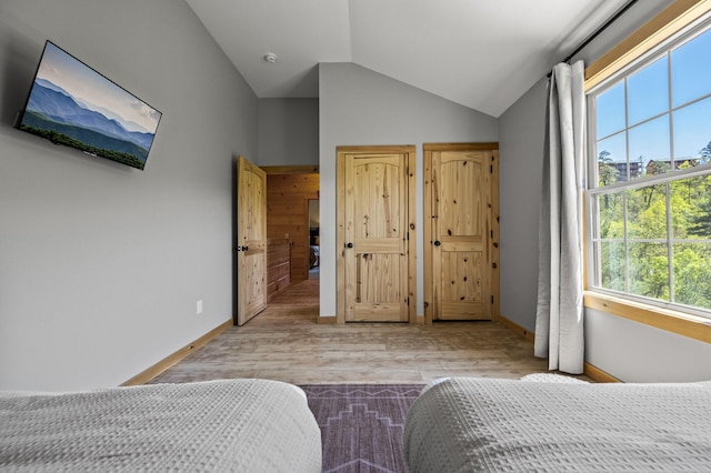 bedroom with light hardwood / wood-style floors and lofted ceiling