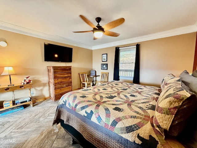 bedroom featuring light parquet flooring, ceiling fan, and ornamental molding